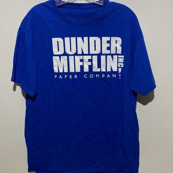 Women's Blue White Dunder Mifflin Inc. Crew Neck Short Sleeve T-Shirt Size Large - Picture 1 of 5